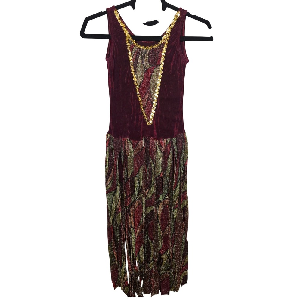 Leo's Dancewear Leotard Women Small Burgundy Velvet Metallic Fringe Sequin Small